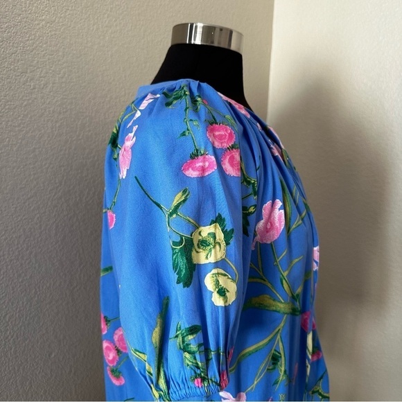 LOFT Garden Tie Neck Puff Sleeve Top Blue Size M - Picture 9 of 15